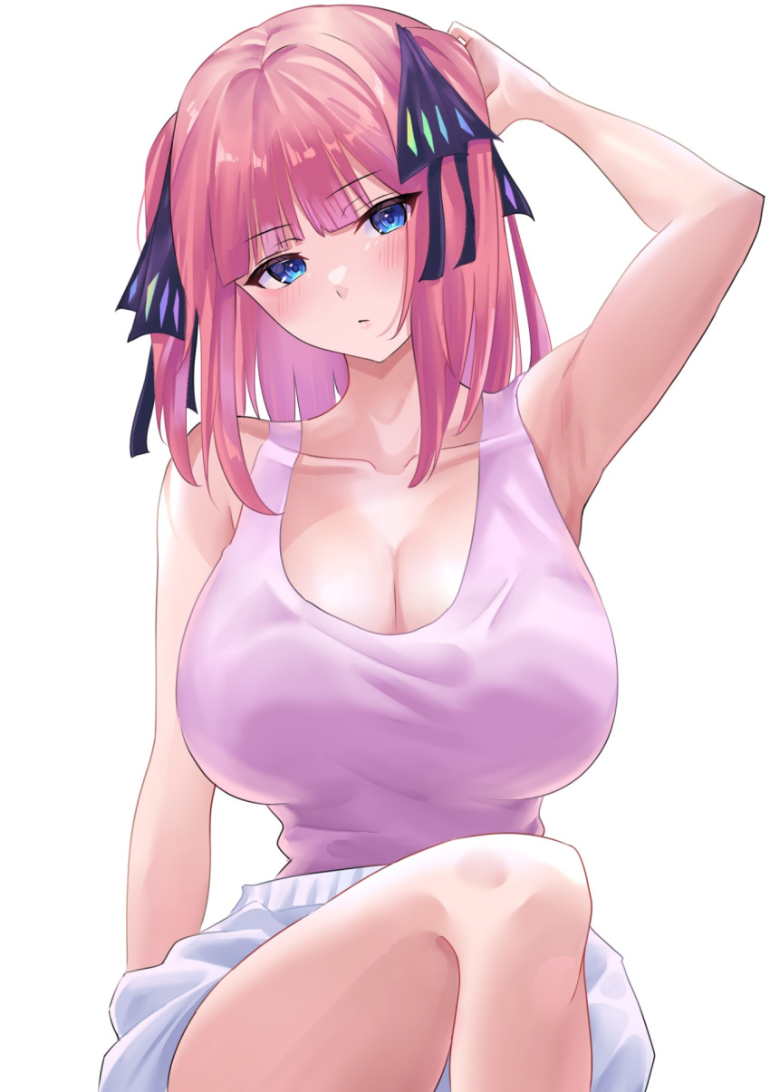 1girl arm_up armpits bare_arms black_ribbon blue_eyes blunt_bangs breasts butterfly_hair_ornament cleavage collarbone go-toubun_no_hanayome hair_ornament hair_ribbon head_tilt highres large_breasts looking_at_viewer nakano_nino pink_hair pink_tank_top ribbon short_hair sitting solo tank_top two_side_up uyufuzi_s white_background