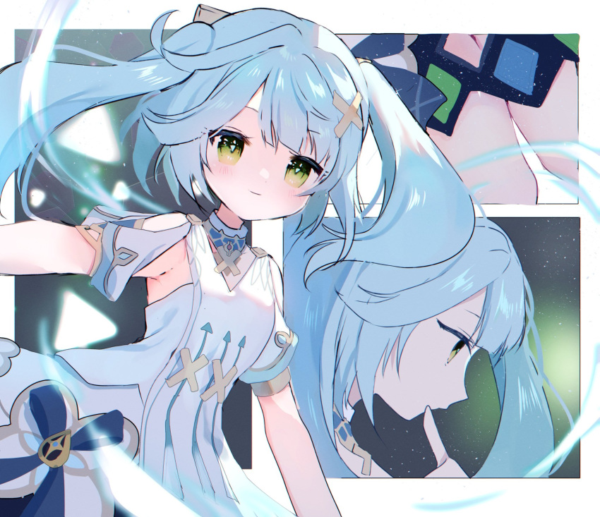 1girl armpit_cutout blue_hair blush breasts closed_mouth clothing_cutout commentary_request dress faruzan_(genshin_impact) genshin_impact green_eyes hair_ornament highres index_finger_raised long_hair momoemokoko22 multiple_views shoulder_cutout triangle-shaped_pupils twintails white_dress x_hair_ornament