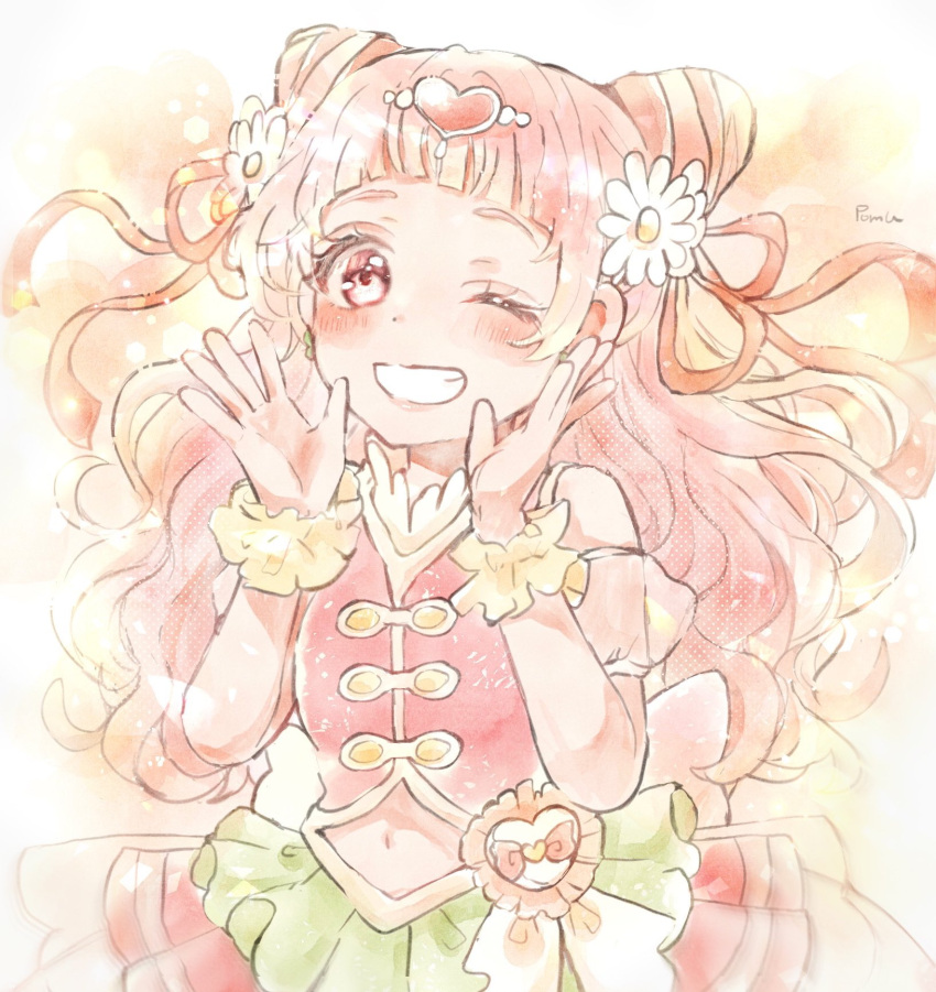 1girl blush cone_hair_bun cure_yell flower grin hair_bun hair_ornament hair_ribbon heart heart_hair_ornament heart_pouch highres hugtto!_precure long_hair magical_girl midriff nono_hana pink_eyes pink_hair precure red_ribbon ribbon short_bangs shortcake_p smile solo two_side_up white_flower