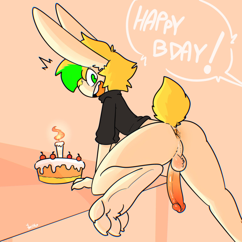 4_toes absurd_res anthro anus backsack balls birthday birthday_cake blonde_hair bottomless bottomless_anthro bottomless_male butt cake clothed clothing dessert dialogue english_text erection feet food fur genitals green_highlights hair hi_res highlights_(coloring) humanoid_genitalia humanoid_penis lagomorph leporid looking_at_viewer looking_back male mammal open_mouth open_smile penis perineum pink_background presenting presenting_anus presenting_balls presenting_hindquarters presenting_penis rabbit raised_tail shirt simple_background smile solo speech_bubble t-shirt tail text the_xing1 toes topwear white_body white_fur wide_eyed