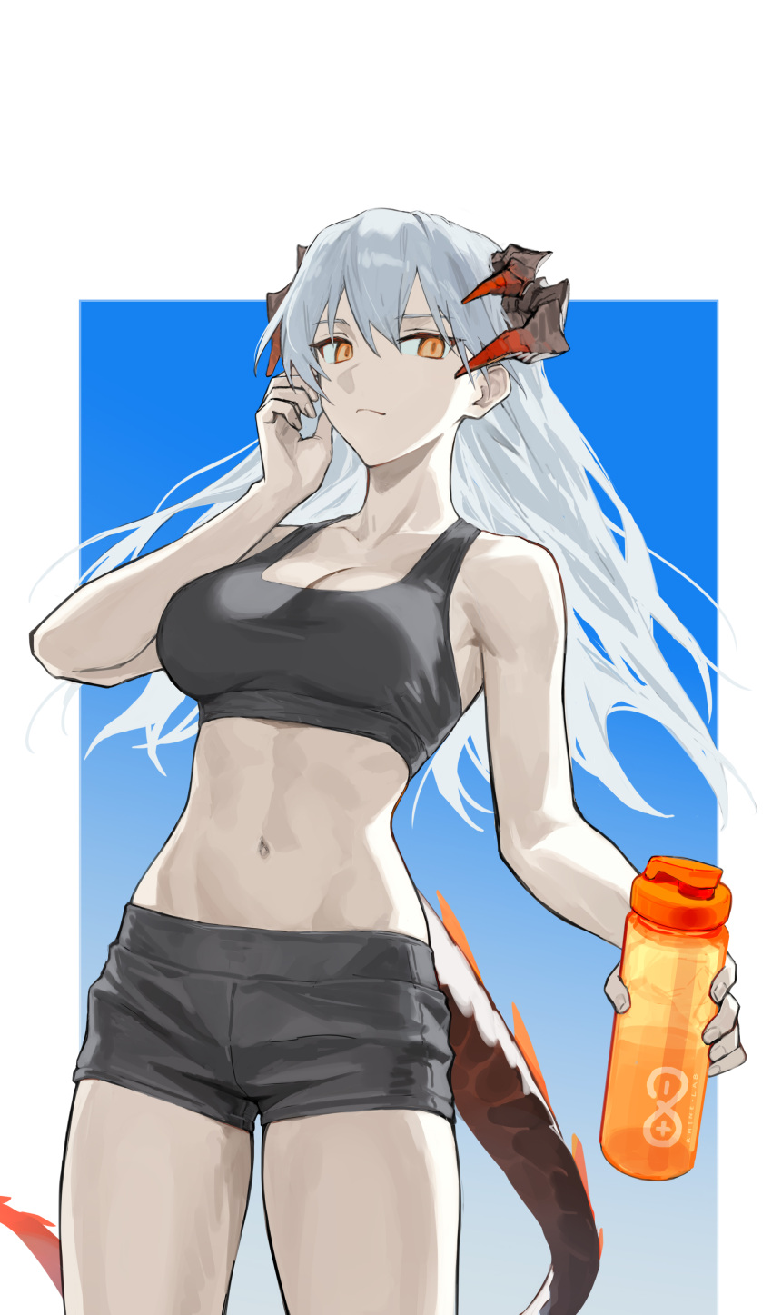 1girl absurdres arknights black_shorts black_sports_bra bottle breasts cleavage collarbone dragon_girl dragon_horns dragon_tail grey_hair highres holding holding_bottle horns large_breasts long_hair midriff navel orange_eyes rhine_lab_logo saria_(arknights) short_shorts shorts solo sports_bra standing tail zjm530280188