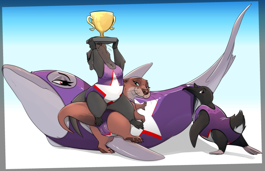 anthro avian award bird brown_eyes camel_toe cetacean clothed clothing dolphin female feral fish flippers genital_outline green_eyes group hi_res holding_award holding_object holding_trophy honeymono looking_at_another looking_at_viewer looking_back mammal marine mustelid otter penguin pose pussy_outline raised_clothing raised_swimwear rasied_tail red_eyes semi-anthro sitting_on_another swimwear toothed_whale trophy