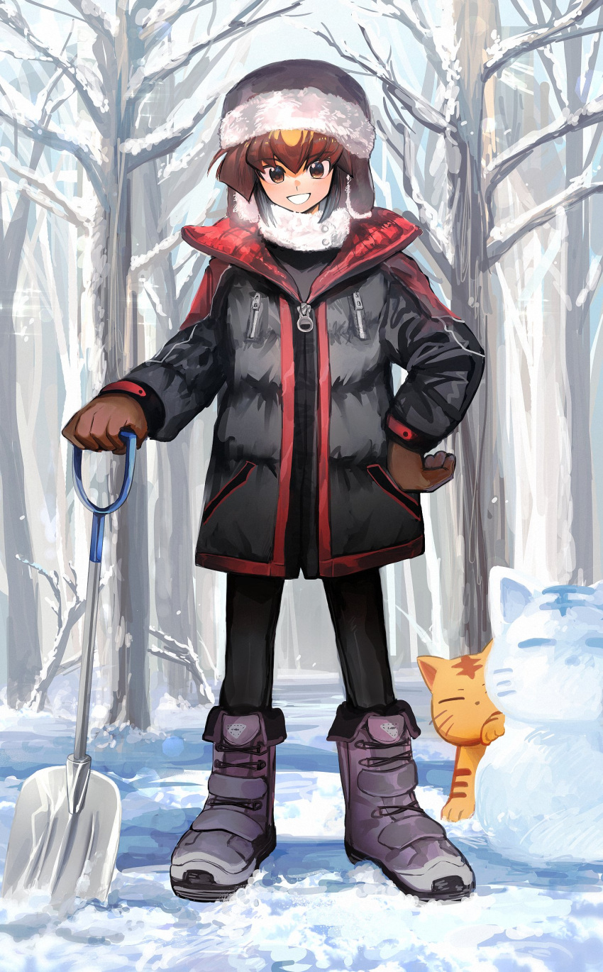 1boy absurdres animal black_shirt boots brown_eyes brown_hair cat gloves hat highres holding holding_shovel jacket long_sleeves looking_at_viewer male_focus outdoors pharaoh_(cat) shirt short_hair shovel sk816 smile snow yu-gi-oh! yu-gi-oh!_gx yuuki_juudai