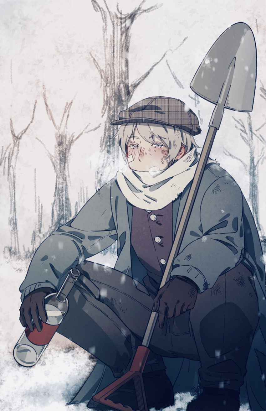 1boy absurdres alcohol axis_powers_hetalia bare_tree bottle breath buttons cabbie_hat coat cold fermium.ice glass_bottle gloves hat highres holding holding_bottle liquor male_focus nature outdoors patch puff_of_air purple_eyes russia_(hetalia) scarf shovel sky slav_squatting snow snowing squatting tree vodka winter winter_clothes