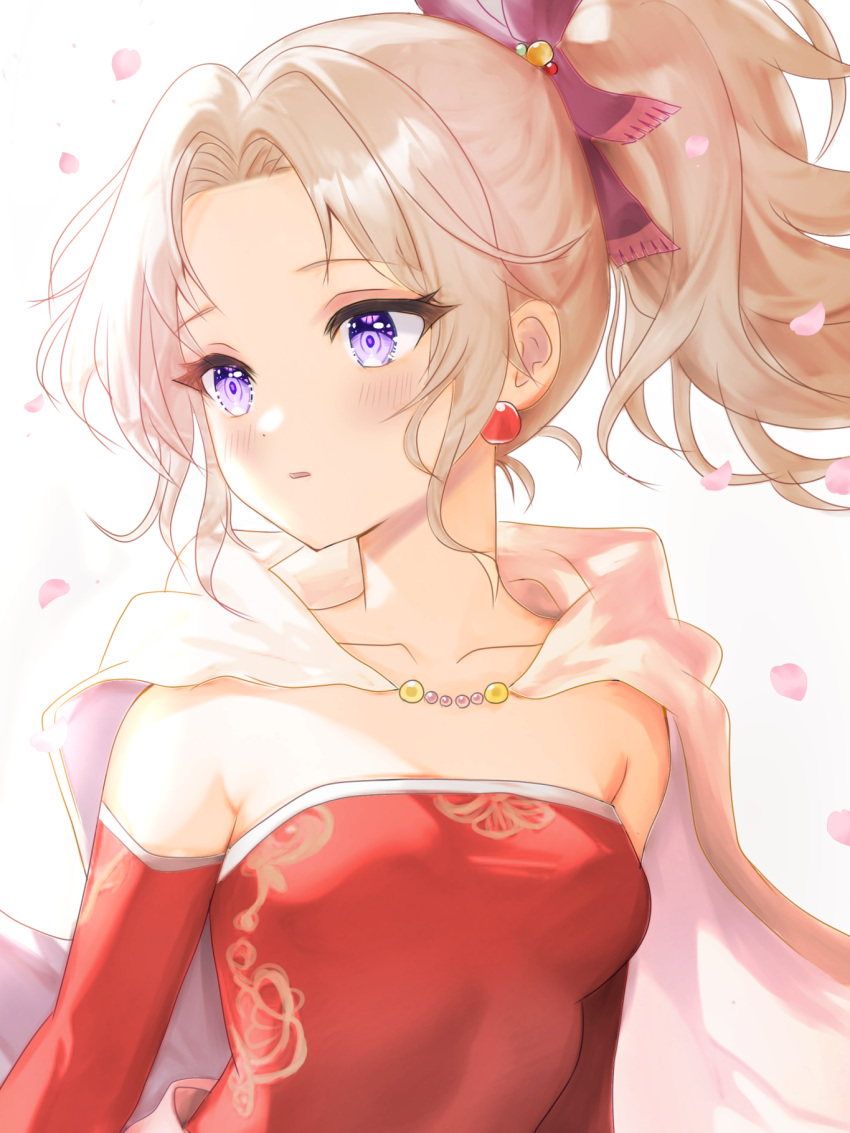 1girl blonde_hair cape collarbone detached_sleeves dress earrings final_fantasy final_fantasy_vi highres jewelry long_hair looking_to_the_side parted_lips petals ponytail purple_eyes red_dress solo strapless strapless_dress terra_branford upper_body white_background yua_666666