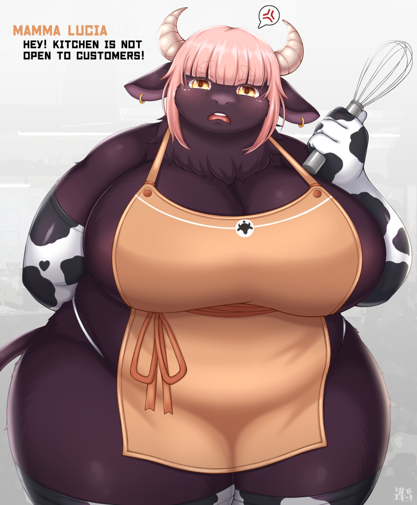 animal_print anthro apron apron_only areola areola_slip armwear big_breasts black_body black_fur bovid bovine breasts cattle cleavage clothed clothing cow_print cross-popping_vein curvy_figure ear_piercing ear_ring ears_down elbow_gloves english_text female fur gloves hair handwear hi_res holding_object holding_whisk horn huge_breasts kitchen_utensils legwear looking_at_viewer mamma_lucia_(oyt) mammal neck_tuft on_your_tail open_mouth orange_apron piercing pink_hair pivoted_ears presenting ring_piercing shibaemonxsk solo tail text thick_thighs tools tuft voluptuous whisk wide_hips