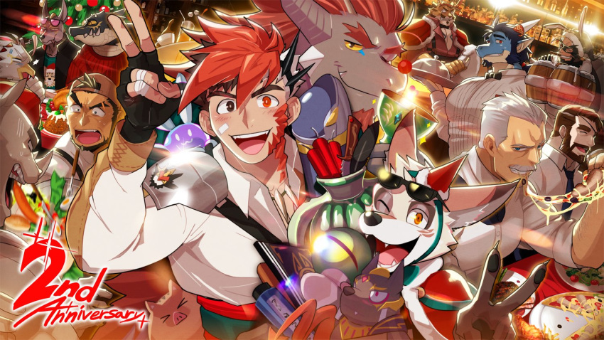 &gt;_&lt; 6+boys :d absol_(dkqthf) amorey_(another_eidos) animal_ears anniversary another_eidos-r armor backwards_hat bandages bandaid bandaid_on_cheek bandaid_on_face bara barboros_(another_eidos) bart_(another_eidos) beard blush bow bowtie colored_sclera crocodile_boy dragon_boy dragon_horns eating edgar_(another_eidos) eyebrow_cut eyepatch eyewear_on_head facial_hair fangs fingerless_gloves folker_(another_eidos) food furry furry_male gaia_(another_eidos) glint gloves harold_(another_eidos) hat heterochromia holding holding_food holding_pizza horns huge_eyebrows jackal_boy jalam_(another_eidos) large_pectorals looking_at_viewer male_focus mature_male multiple_boys mustache one_eye_closed pauldrons pectorals pig pig_nose pizza rabbit_ears red_hair rhino_boy romanes_(another_eidos) santa_costume sebek_(another_eidos) shirt shoulder_armor single_pauldron smile stuffed_animal stuffed_toy tiger_boy v walther_(another_eidos) white_hair white_shirt yabsakha_(another_eidos) yellow_sclera yuno_(another_eidos)