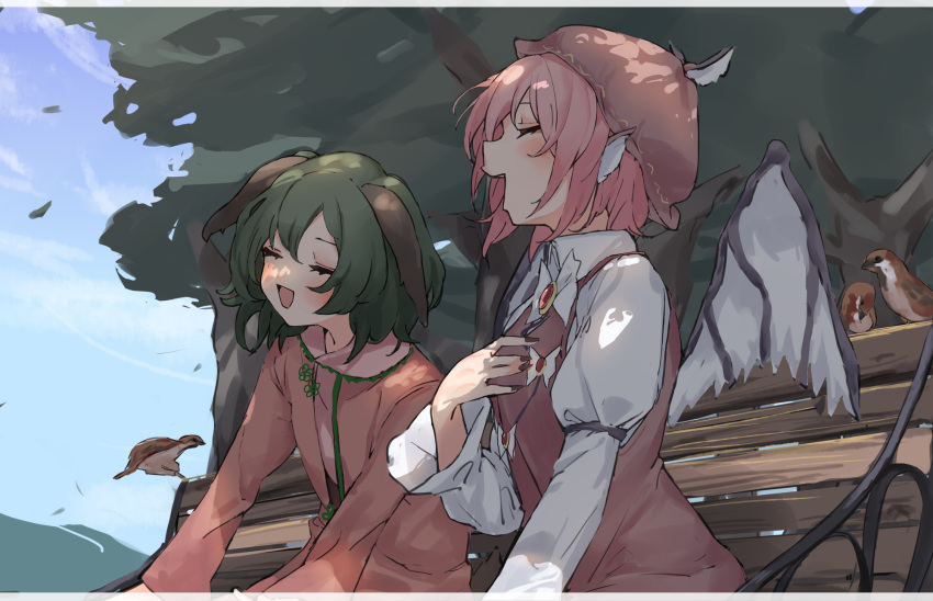 2girls animal animal_ears bench bird bird_ears bird_wings blush brown_dress brown_headwear collared_shirt day dog_ears dog_tail dress green_hair hair_between_eyes hat highres kasodani_kyouko long_sleeves multiple_girls mystia_lorelei open_mouth outdoors pink_dress pink_hair pocche-ex shirt short_hair sleeve_garter smile sparrow tail touhou tree white_shirt white_wings winged_hat wings