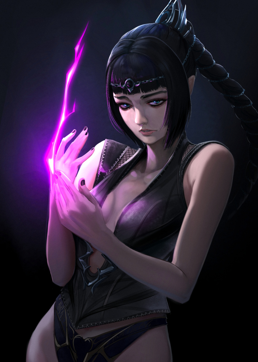 1girl baldur's_gate baldur's_gate_3 bare_shoulders black_hair black_nails braid braided_ponytail breasts breasts_apart collarbone dungeons_and_dragons elf gradient_background green_eyes hand_up hands_up highres jason_kong large_breasts long_hair looking_at_viewer magic nail_polish panties pointy_ears purple_panties shadowheart_(baldur's_gate) solo underwear