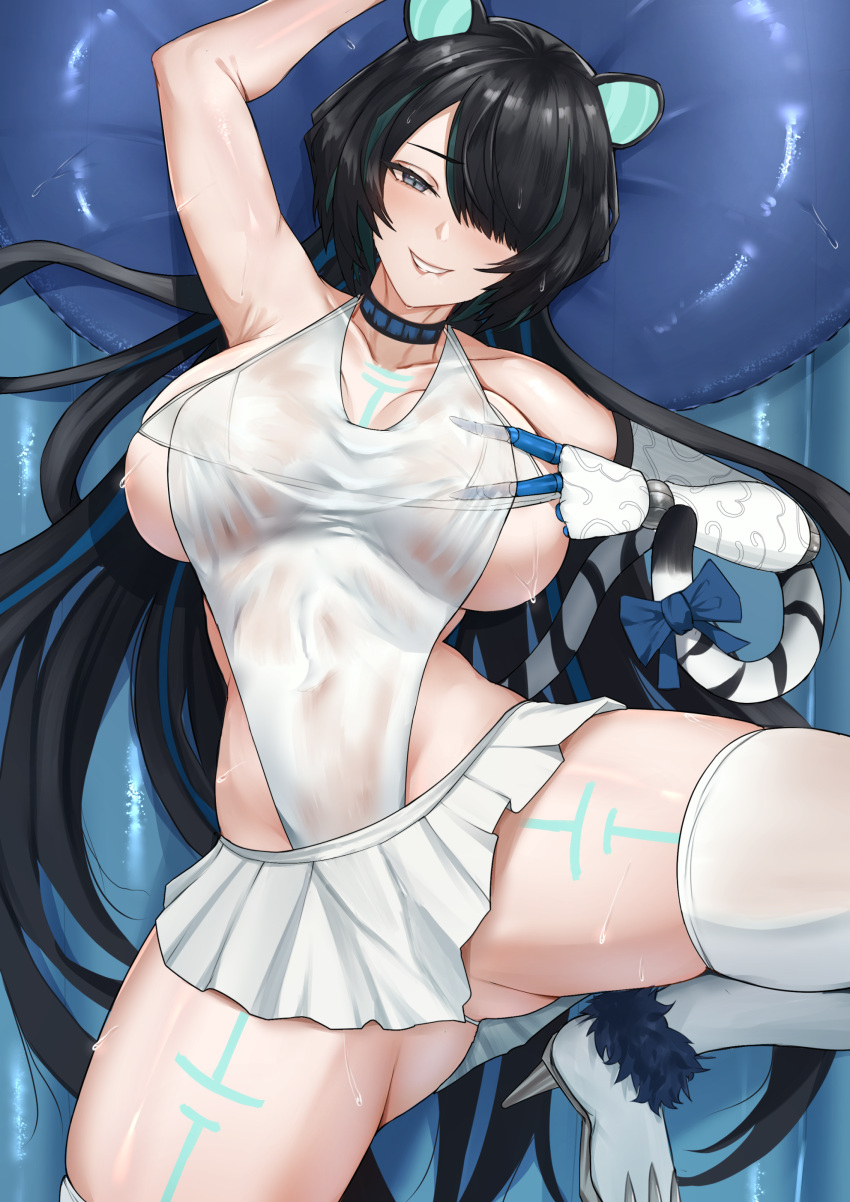 1girl absurdres animal_ears arm_up armpits ass bikini biting_own_lip black_choker black_hair blue_bow blue_eyes blue_hair blush body_markings bow breasts choker commission covered_navel erina_makina grin hair_over_one_eye hand_on_own_chest highres inflatable_raft large_breasts long_hair lying mchiefy mechanical_arms micro_bikini microskirt multicolored_hair on_back one-piece_swimsuit one-piece_thong phase_connect pillow pleated_skirt revealing_clothes see-through sideless_outfit single_mechanical_arm skirt smile solo spread_legs streaked_hair sweat swimsuit tail tail_bow tail_ornament thighhighs thighs tiger_ears tiger_girl tiger_tail very_long_hair virtual_youtuber white_bikini white_one-piece_swimsuit white_skirt white_thighhighs