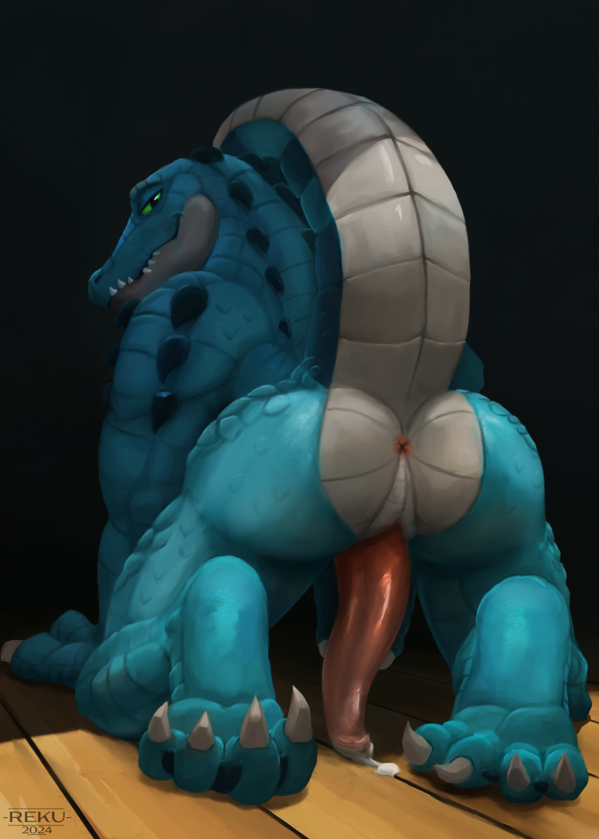 absurd_res anus ass_up bedroom_eyes blue_body blue_scales bodily_fluids butt crocodilian cum cum_on_ground digital_media_(artwork) erection genital_fluids genitals hi_res looking_at_viewer looking_back looking_back_at_viewer male multicolored_body narrowed_eyes penis precum presenting presenting_anus presenting_hindquarters raised_tail reku_illustration reptile scales scalie seductive solo tail two_tone_body