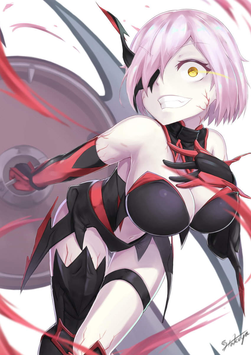 1girl absurdres artist_name asymmetrical_legwear bare_shoulders black_collar black_leotard black_thighhighs breasts cleavage clothing_cutout collar corruption detached_collar fate/grand_order fate_(series) glowing glowing_eye hakuya_kung hand_on_own_chest highres holding holding_shield large_breasts leaning_forward leotard mash_kyrielight navel purple_hair shield single_thighhigh solo stomach_cutout thigh_gap thigh_strap thighhighs veins yellow_eyes