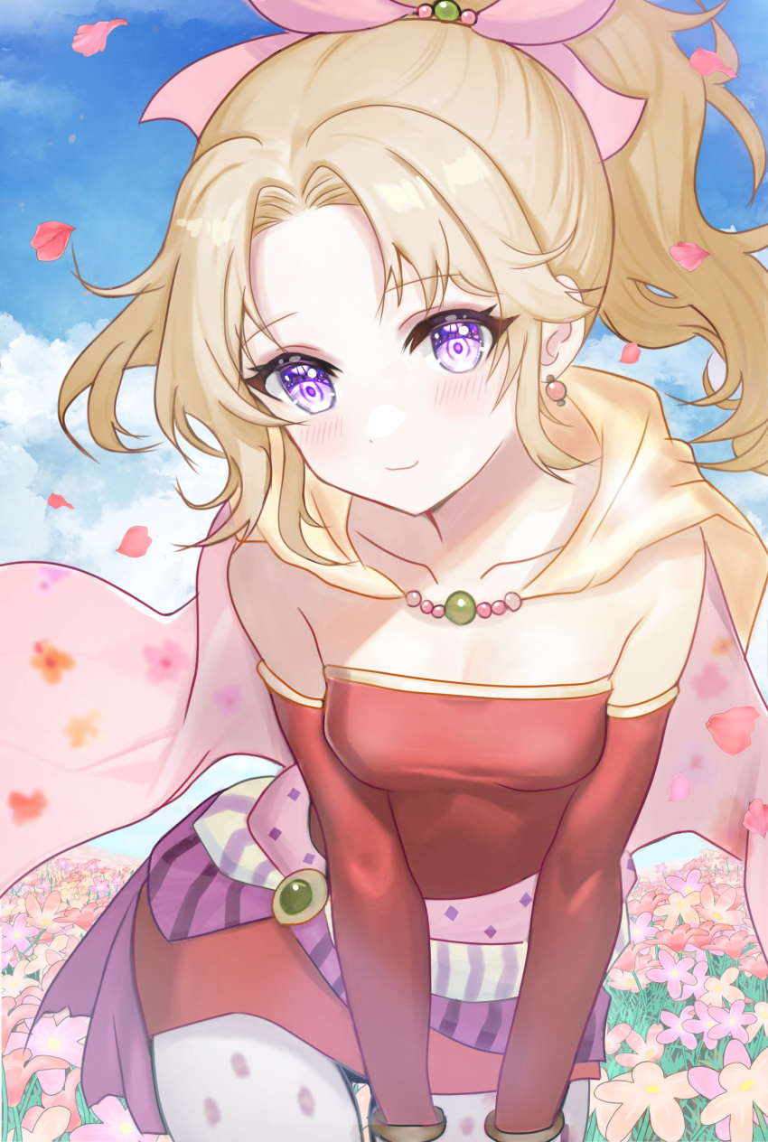 1girl absurdres bare_shoulders blonde_hair blue_sky breasts cape detached_sleeves dress earrings eyelashes final_fantasy final_fantasy_vi flower highres jewelry long_hair looking_at_viewer petals ponytail purple_eyes red_dress sky small_breasts smile solo strapless strapless_dress terra_branford yua_666666