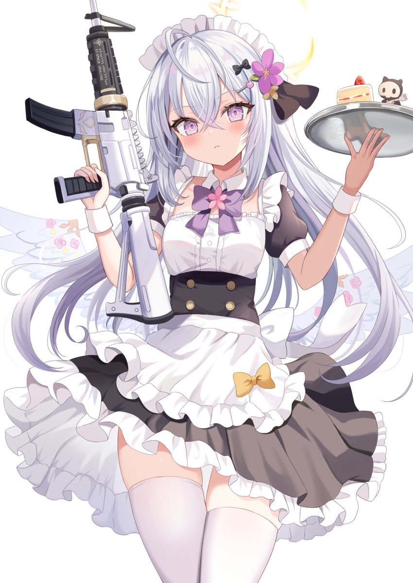 1girl alternate_costume angel_wings apron assault_rifle azusa_(blue_archive) blue_archive blush cake cake_slice closed_mouth enmaided feathered_wings food frilled_apron frills gun hair_between_eyes highres holding holding_tray long_hair looking_at_viewer m4_carbine maid maid_apron maid_headdress purple_eyes retsuto revision rifle simple_background solo thighhighs tray weapon white_apron white_background white_hair white_thighhighs white_wings wings