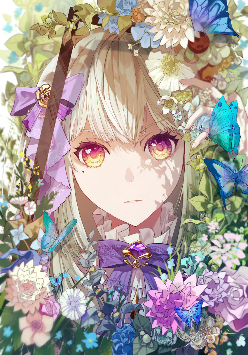 1girl absurdres blonde_hair blouse blue_butterfly blue_flower bow bowtie bu_bai_(wres2744) bug butterfly dated flower gem hair_bow highres leaf looking_at_viewer mole mole_under_eye orange_eyes original parted_lips picture_frame pink_flower portrait purple_bow purple_bowtie purple_eyes purple_flower purple_gemstone shirt signature solo straight-on transparent_butterfly two-tone_eyes white_flower white_shirt yellow_flower