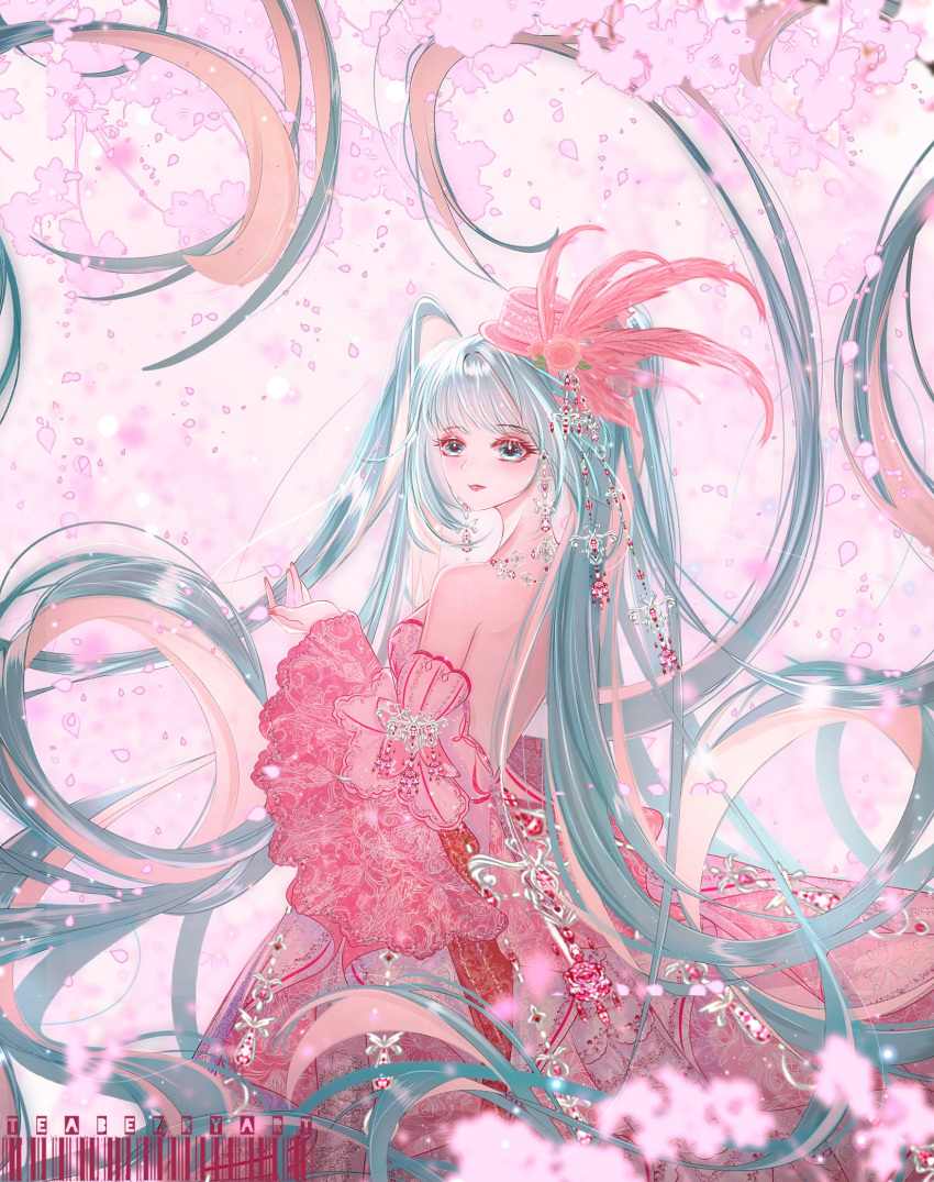 1girl absurdly_long_hair back backless_outfit barcode bare_back bare_shoulders blue_eyes blue_hair breasts cherry_blossoms dress earrings eyeliner eyeshadow falling_petals feathers feet_out_of_frame flower from_side hashtag_only_commentary hat hat_feather hat_flower hatsune_miku highres jewelry long_dress long_hair looking_at_viewer looking_to_the_side makeup medium_breasts mini_hat multicolored_hair nail_polish outdoors petals pink_dress pink_feathers pink_flower pink_hair pink_headwear pink_nails pink_rose pink_theme rose standing teaberryart two-tone_hair very_long_hair vocaloid wide_sleeves