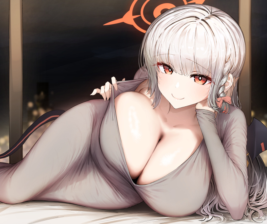 1girl absurdres alternate_costume bed_sheet black_wings blue_archive braid breasts bright_pupils cleavage closed_mouth commentary demon_girl demon_wings dress grey_dress halo haruna_(blue_archive) highres huge_breasts indoors kagi_f long_sleeves lying no_bra on_bed on_side red_eyes red_halo single_braid single_wing skin_tight smile solo thighs white_hair white_pupils wings