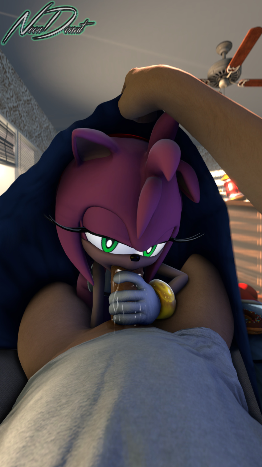 3d_(artwork) amy_rose anthro bodily_fluids clothed clothing dessert digital_media_(artwork) doughnut dress duo erection eulipotyphlan fellatio female first_person_view food genitals green_eyes hair hammer hand_on_penis hedgehog hi_res human inside interspecies lingerie looking_at_viewer male male/female mammal morning neondonut oral penile penis pink_body pov_blowjob saliva sega sex sonic_the_hedgehog_(series) source_filmmaker tools under_covers