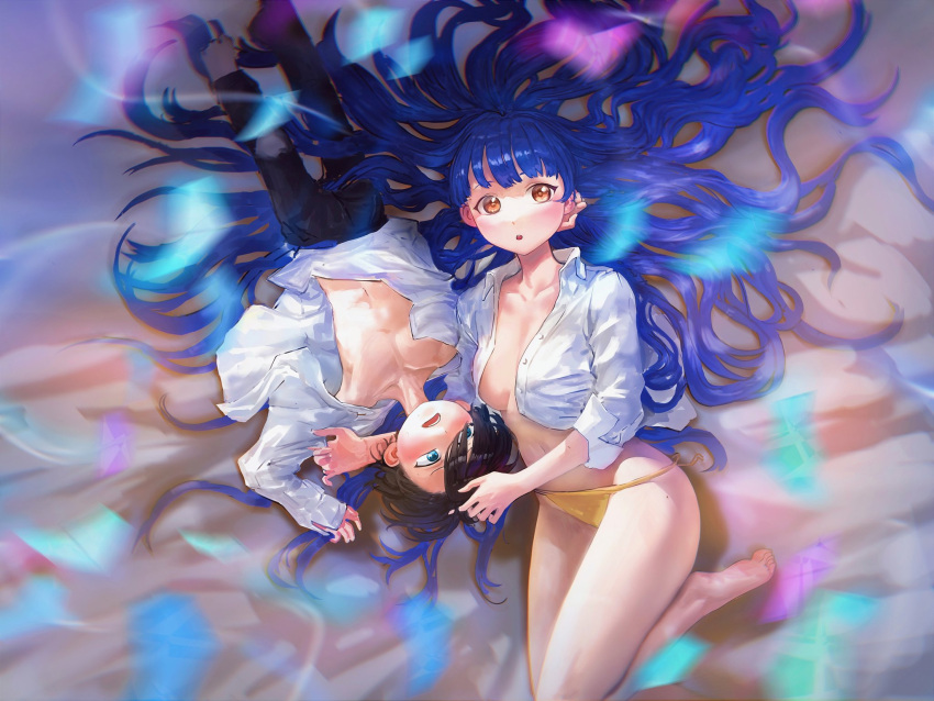 1boy 1girl barefoot bed_sheet black_pants blue_eyes blue_hair boku_no_kokoro_no_yabai_yatsu breasts brown_eyes collarbone collared_shirt feet from_above hands_on_another's_head highres ichikawa_kyoutarou long_hair looking_at_viewer lying medium_breasts navel on_back open_clothes open_mouth open_shirt panties pants partially_unbuttoned pectoral_cleavage pectorals shirt side-tie_panties thighs unbuttoned unbuttoned_shirt underwear white_shirt yamada_anna yan90132076 yellow_panties