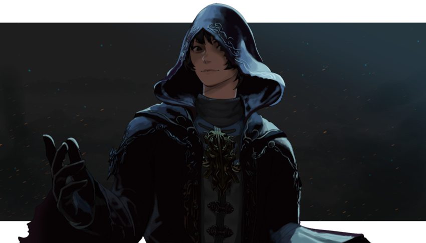 1boy absurdres black_background black_eyes black_gloves black_hair black_robe embers fandaniel final_fantasy final_fantasy_xiv gloves hand_up highres hood hood_up hooded_robe hyur letterboxed long_sleeves looking_at_viewer male_focus outside_border robe short_hair solo upper_body zerosshadows