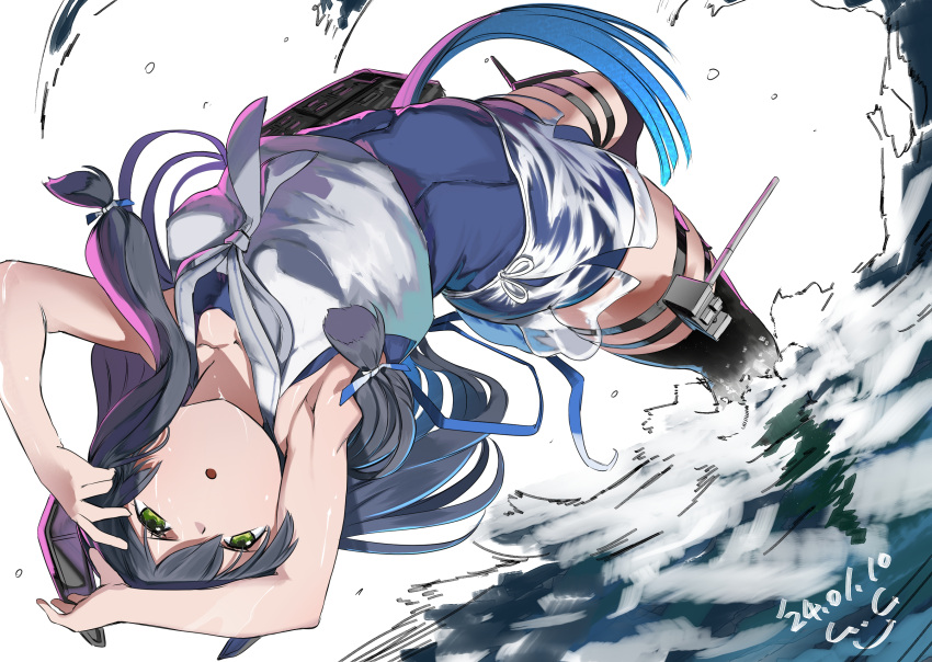 1girl black_hair blue_one-piece_swimsuit blush breasts cannon dated gegeron green_eyes grey_neckerchief gun hair_between_eyes hair_ribbon headgear highres i-47_(kancolle) kantai_collection long_hair low-tied_long_hair neckerchief one-piece_swimsuit ribbon sailor_collar sailor_shirt school_swimsuit see-through see-through_skirt shirt signature skirt small_breasts solo swimsuit swimsuit_under_clothes thighhighs tress_ribbon water weapon white_neckerchief white_sailor_collar