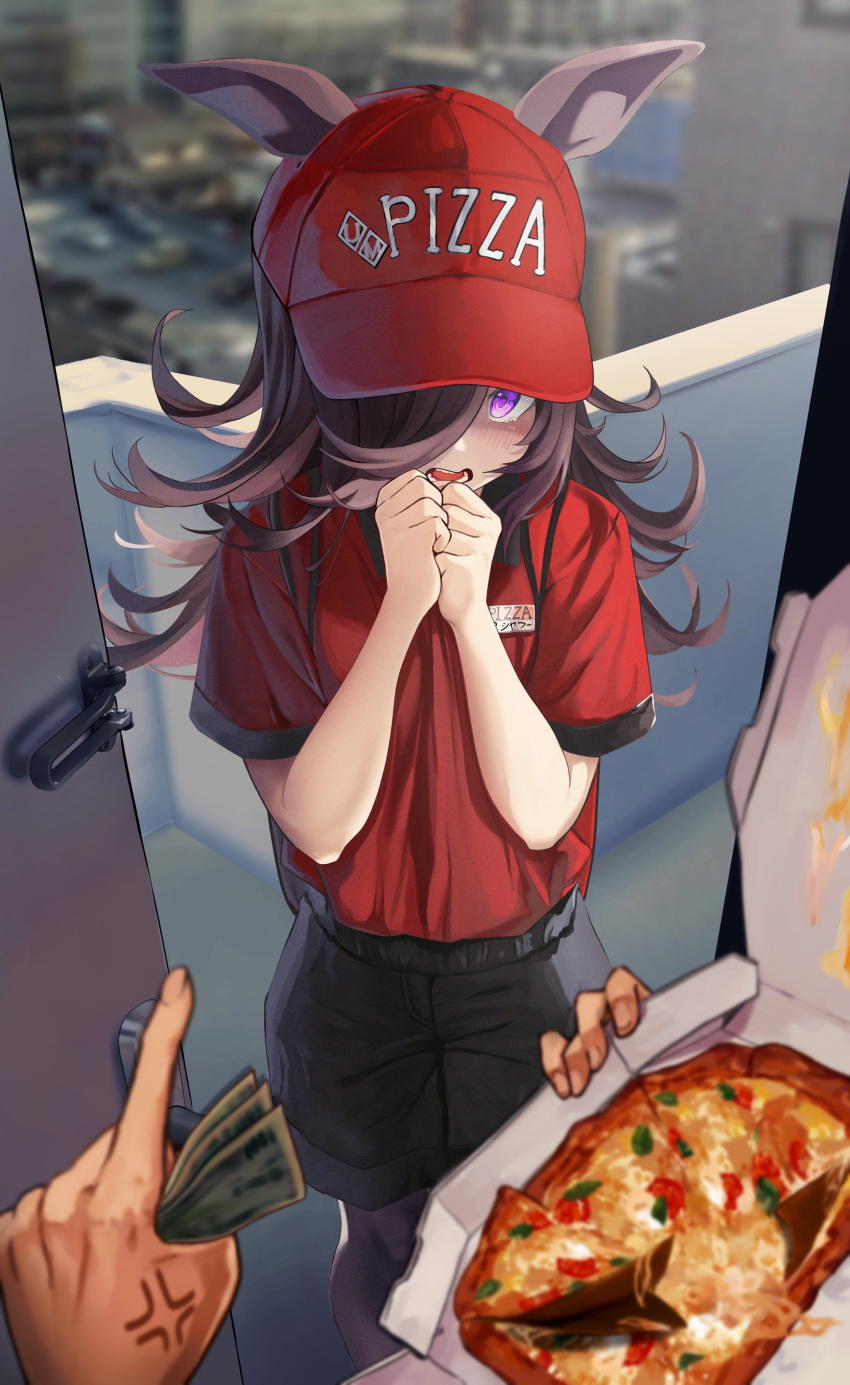 1girl absurdres anger_vein angry animal_ears annoyed black_hair black_shorts blue_eyes brown_hair delivery food fuwamozzi hair_over_eyes hair_over_one_eye hat highres horse_ears horse_girl horse_tail index_finger_raised long_hair looking_at_viewer messy_hair pizza pizza_box pointing pointing_at_another purple_eyes red_headwear rice_shower_(umamusume) scolding short_sleeves shorts tail umamusume