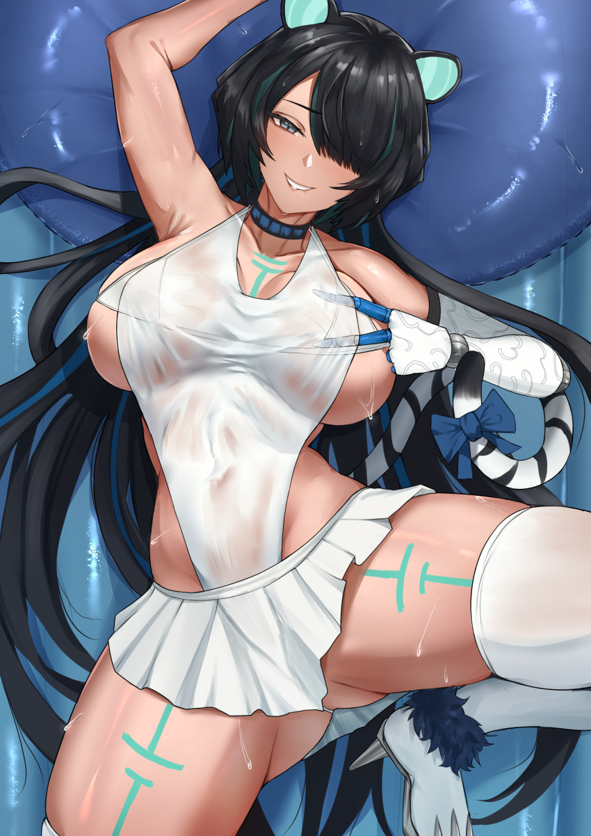 1girl absurdres animal_ears arm_up armpits ass bikini biting_own_lip black_choker black_hair blue_bow blue_eyes blue_hair blush body_markings bow breasts choker commission covered_navel erina_makina grin hair_over_one_eye hand_on_own_chest highres inflatable_raft large_breasts long_hair looking_at_viewer lying mchiefy mechanical_arms micro_bikini microskirt multicolored_hair on_back one-piece_swimsuit one-piece_thong phase_connect pillow pleated_skirt revealing_clothes see-through sideless_outfit single_mechanical_arm skirt smile solo spread_legs streaked_hair sweat swimsuit tail tail_bow tail_ornament tan thighhighs thighs tiger_ears tiger_girl tiger_tail very_long_hair virtual_youtuber white_bikini white_one-piece_swimsuit white_skirt white_thighhighs