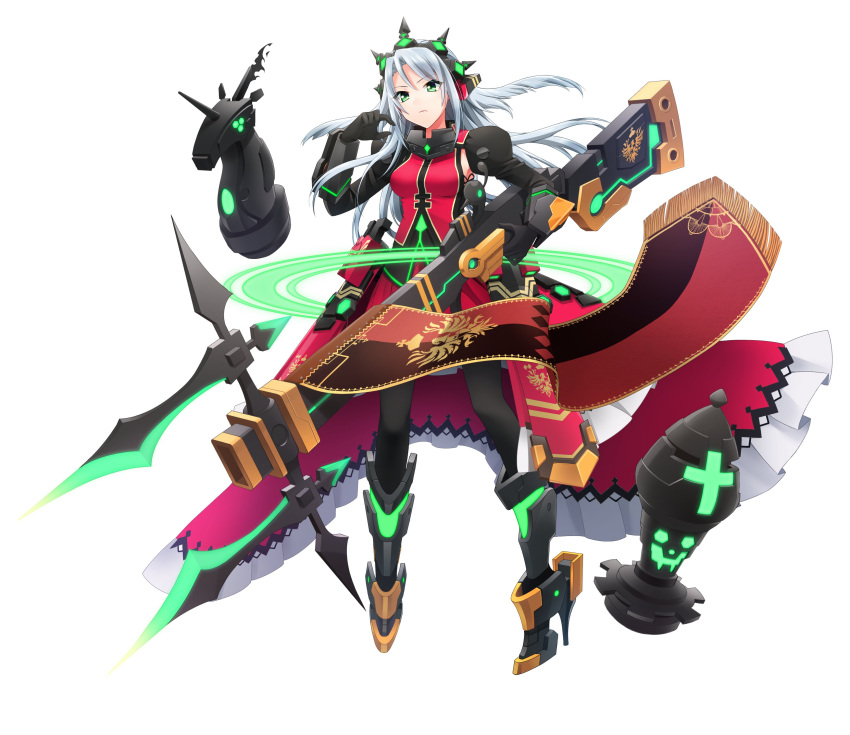 absurdres armored_boots boots breasts cbu_jp chess_piece cosmic_break dress eleanore green_eyes gun hair_ornament headgear highres long_hair mecha_musume medium_breasts official_art pantyhose princess rifle tiara weapon white_hair