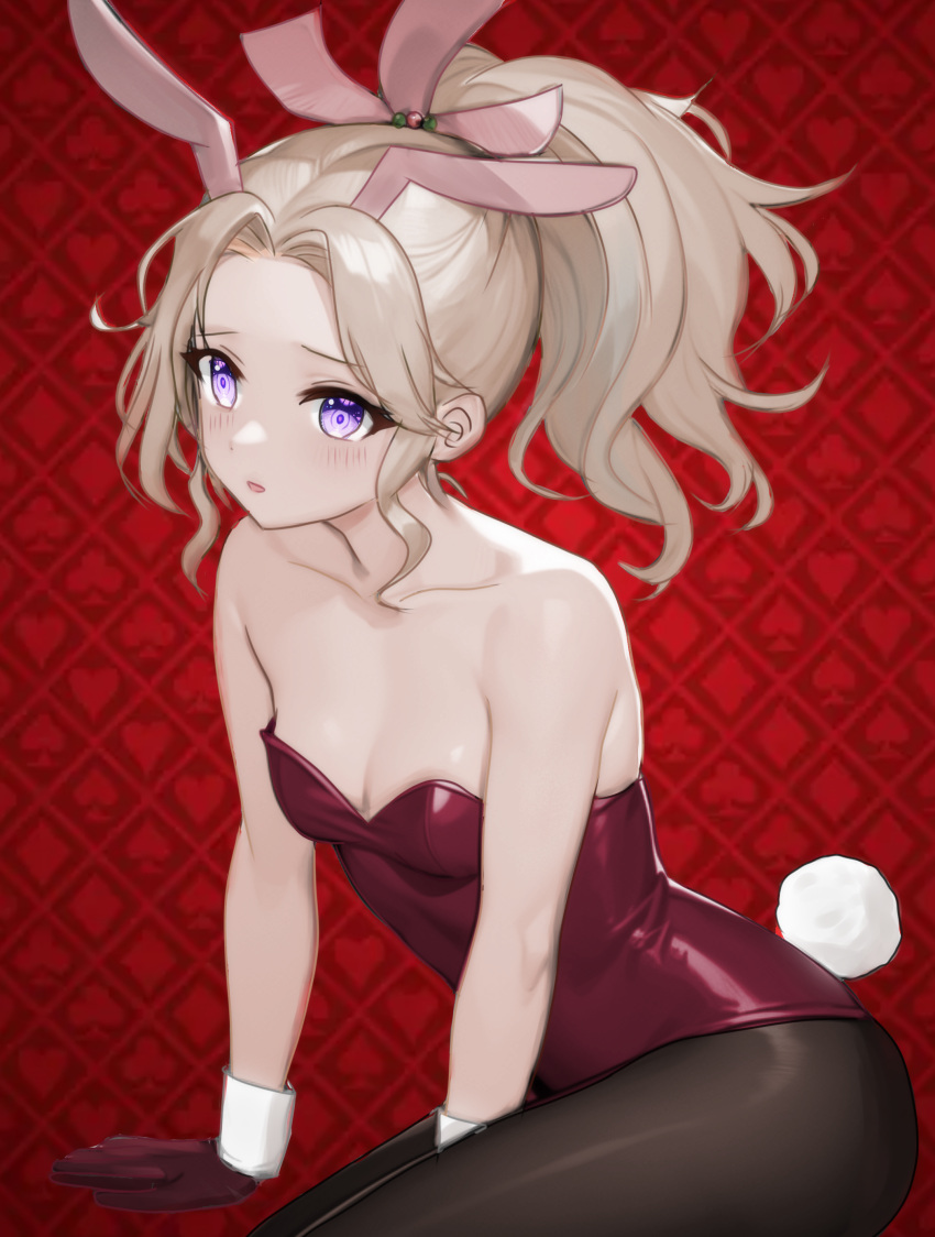1girl absurdres animal_ears bare_shoulders blonde_hair blush breasts brown_pantyhose cleavage fake_animal_ears final_fantasy final_fantasy_vi gloves highres leotard on_floor pantyhose playboy_bunny ponytail purple_eyes rabbit_ears rabbit_tail red_leotard small_breasts solo strapless strapless_leotard tail terra_branford yua_666666