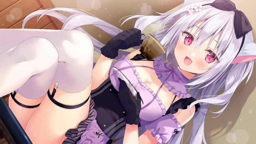 1girl amairo_chocolata animal_ears black_gloves blurry blush bokeh bow breasts cat_ears cleavage crossed_legs cup depth_of_field dress dutch_angle flower game_cg gloves grey_hair hair_bow hair_flower hair_ornament highres holding holding_cup indoors kohana_(amairo_chocolata) large_breasts long_hair official_art open_mouth photoshop_(medium) red_eyes shiratama_(shiratamaco) short_dress sitting solo teacup teapot thighhighs two_side_up white_thighhighs