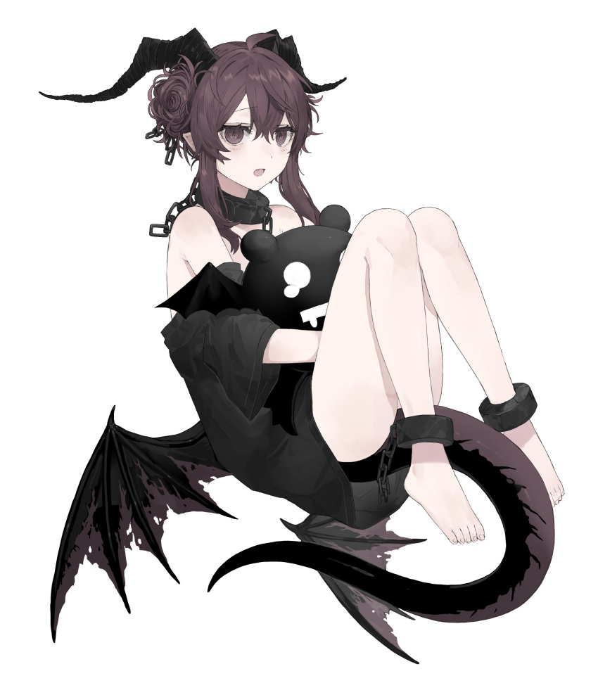 1girl absurdres barefoot black_horns black_shirt black_tail black_wings brown_eyes brown_hair chain collar cuffs dragon_girl dragon_tail dragon_wings full_body hair_bun highres horns hugging_object light_blush looking_at_viewer loose_clothes metal_collar no_pants open_mouth original oversized_clothes pointy_ears rairyuu shackles shirt simple_background solo stuffed_toy tail white_background wings