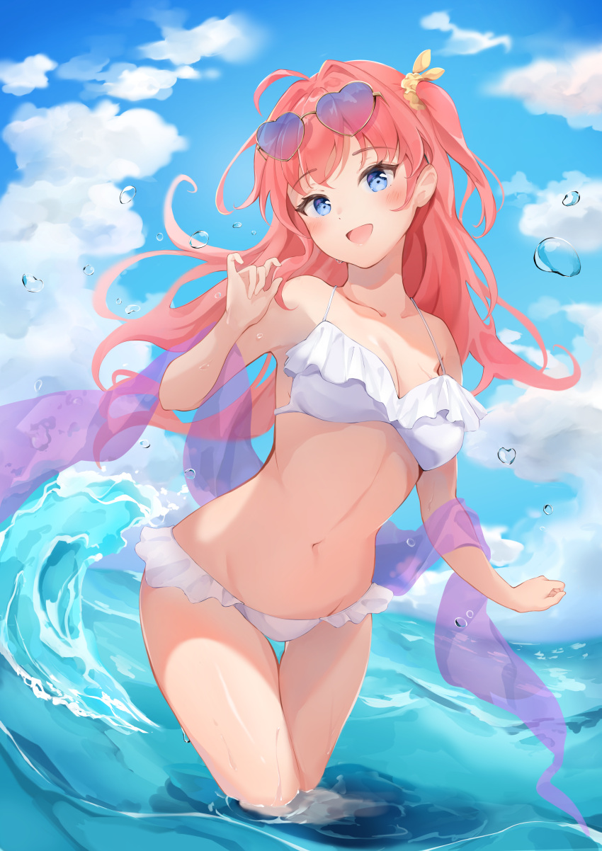 1girl :d absurdres ahoge arm_at_side bare_shoulders bikini blue_eyes blue_sky blush breasts cleavage cloud cloudy_sky coeur collarbone day eyewear_on_head floating_hair frilled_bikini frills groin hair_ornament hair_scrunchie hand_up head_tilt highres leaning_forward lishenna_omen_of_destruction long_hair looking_at_viewer medium_breasts navel one_side_up open_mouth outdoors red_hair scrunchie see-through shadowverse sky smile solo standing strap_gap sunglasses swimsuit thigh_gap wading water water_drop waves white_bikini