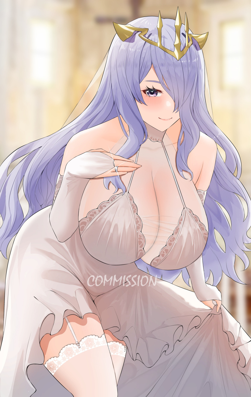 1girl absurdres alternate_costume bare_shoulders breasts bridal_gauntlets bride camilla_(fire_emblem) cleavage commission crown dress fire_emblem fire_emblem_fates garter_straps genm7 hair_over_one_eye highres huge_breasts jewelry leaning_forward long_hair looking_at_viewer purple_eyes purple_hair ring smile solo thighhighs wavy_hair wedding_dress wedding_ring