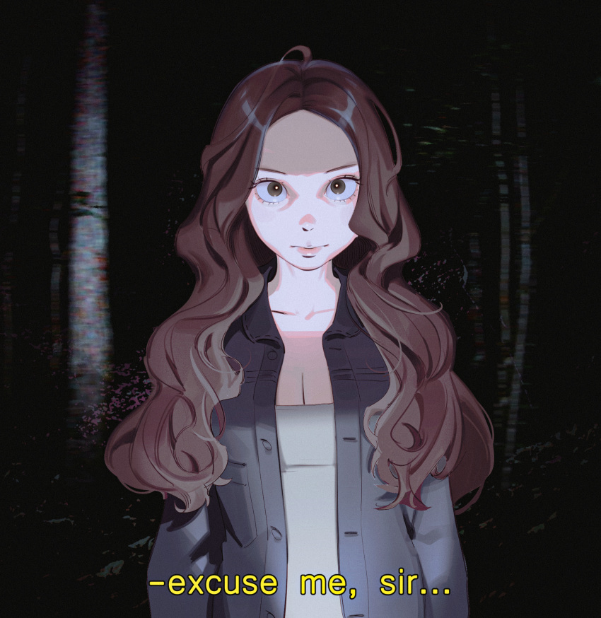 1girl animification black_jacket breasts brown_hair chromatic_aberration cleavage collarbone dnaitari english_text forehead forest grey_camisole highres jacket long_hair looking_at_viewer medium_breasts molly_moon nature open_clothes open_jacket real_life solo subtitled upper_body