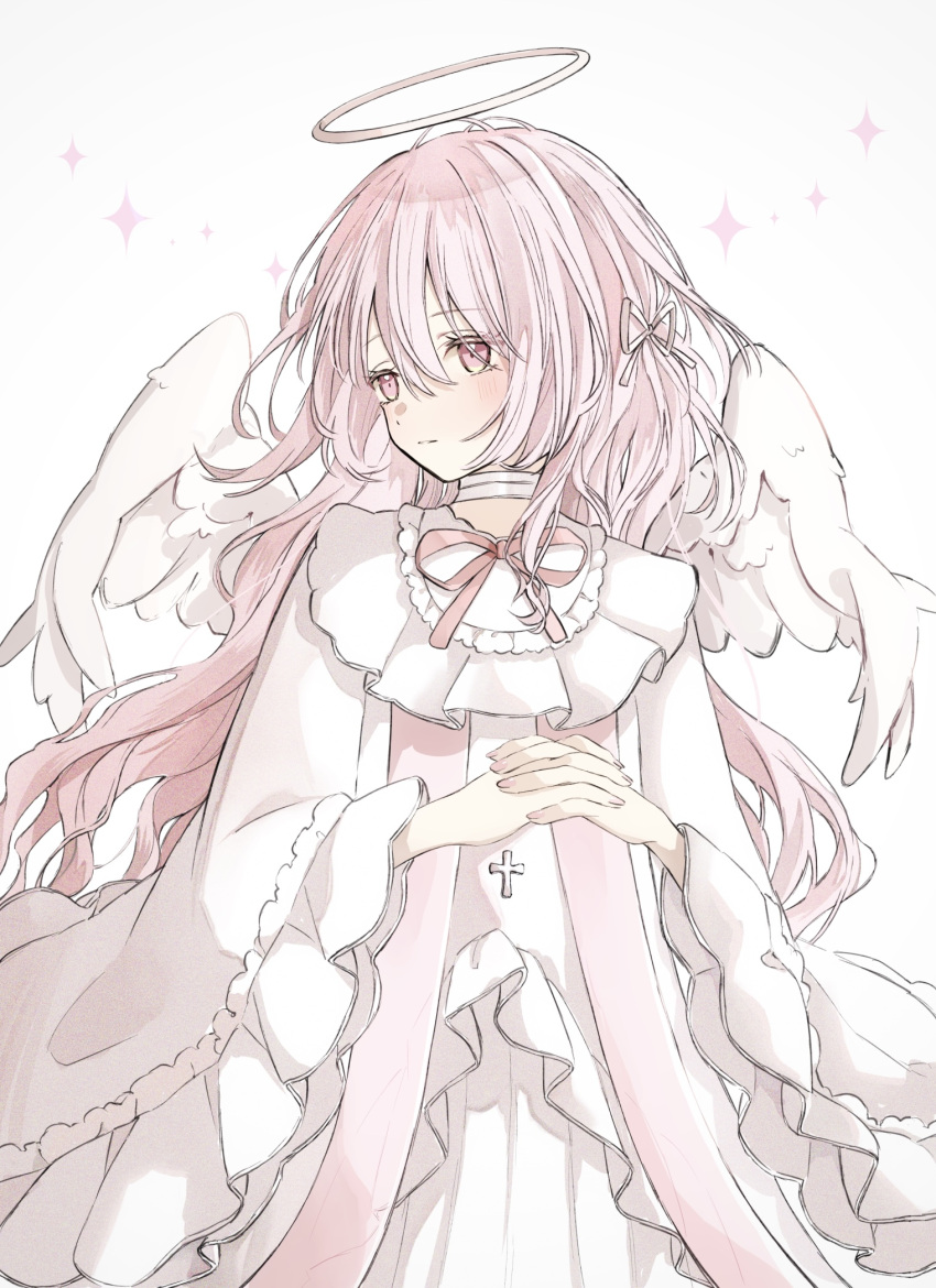 1girl bandaged_neck bandages cross feathered_wings hair_ribbon halo highres long_hair looking_to_the_side original own_hands_clasped own_hands_together pink_eyes pink_hair pink_ribbon ribbon simple_background solo white_background white_wings wide_sleeves wings yuni_0205