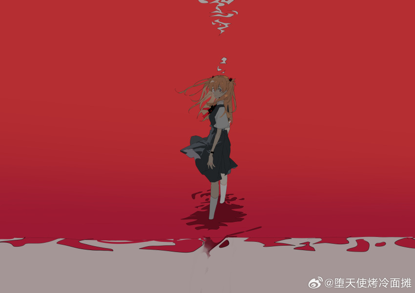 1girl black_bow black_bowtie black_ribbon blood blue_eyes blue_skirt blue_vest bow bowtie brown_hair chinese_commentary clothes_lift collared_shirt commentary_request feet_out_of_frame from_side hair_lift hair_over_shoulder hair_ribbon highres kneehighs long_hair looking_at_viewer medium_skirt neon_genesis_evangelion pool_of_blood ribbon school_uniform shirt short_sleeves skirt skirt_lift skirt_set socks solo souryuu_asuka_langley tokyo-3_middle_school_uniform two_side_up vest wading watch watermark weibo_logo weibo_username white_shirt white_sleeves white_socks wind wind_lift wristwatch zhibuji_loom