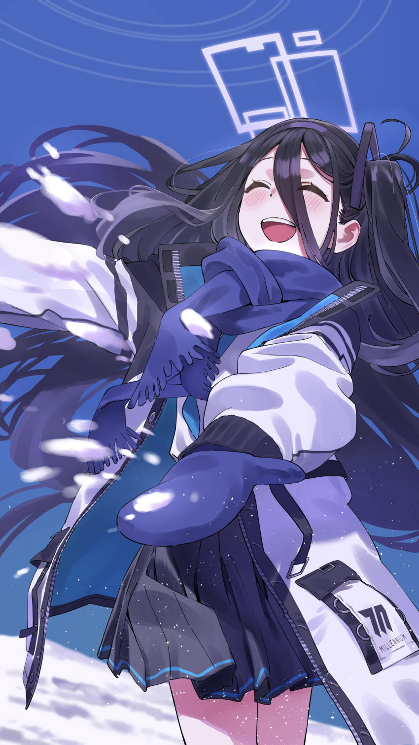 1girl absurdly_long_hair absurdres aris_(blue_archive) black_hair black_skirt blue_archive blue_mittens blue_scarf blush closed_eyes cowboy_shot halo highres jacket long_hair long_sleeves mitsutsuka mittens one_side_up open_clothes open_jacket open_mouth pleated_skirt scarf skirt smile solo very_long_hair white_jacket
