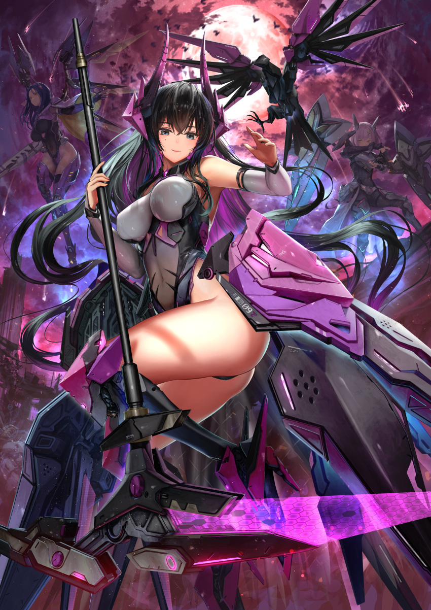 3girls absurdres armored_boots armored_gloves ass bangs black_hair blue_eyes blue_hair bodysuit boots breasts bridal_gauntlets capelet colored_inner_hair covered_navel crossed_bangs elbow_gloves energy_blade full_moon gloves goddess_of_victory:_nikke harran_(nikke) high_heels highleg highleg_leotard highres holding holding_scythe horns impossible_clothes impossible_leotard isabel_(nikke) large_breasts leotard long_hair mecha_musume mechanical_horns mechanical_wings medium_breasts moon multicolored_hair multiple_girls nihoshi_(bipedal_s) noah_(nikke) pink_hair purple_capelet purple_hair red_eyes robot scythe short_hair thigh_boots two-sided_capelet wings yellow_eyes