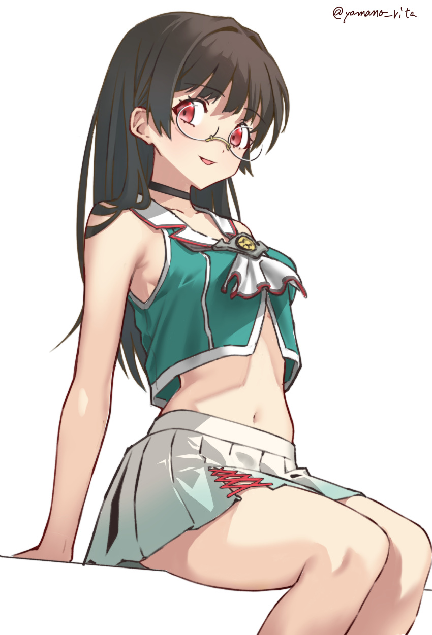 1girl absurdres arm_support black_choker black_hair breasts choker choukai_(kancolle) choukai_kai_ni_(kancolle) collarbone crop_top from_side glasses highres kantai_collection long_hair looking_at_viewer medium_breasts midriff miniskirt navel neckerchief open_mouth red_eyes rimless_eyewear sailor_collar school_uniform serafuku simple_background sitting skirt smile solo white_background white_neckerchief white_sailor_collar white_skirt yamano_rita