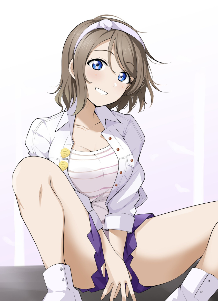 1girl barkhorn0331 blue_eyes blush breasts cleavage hairband highres legs love_live! love_live!_sunshine!! open_clothes open_shirt shoes short_hair simple_background skirt smile sneakers solo spread_legs thighs watanabe_you