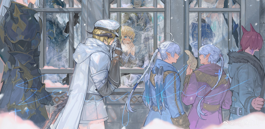 2girls 3boys absurdres ahoge alisaie_leveilleur alphinaud_leveilleur amaurot_moyu_shimin animal_ears armor au_ra belt blonde_hair blue_coat blue_eyes braid braided_ponytail breastplate breath cape cat_ears chinese_commentary coat commentary_request cowboy_shot different_reflection dragon_girl dragon_horns dragon_tail dragoon_(final_fantasy) elezen elf estinien_varlineau final_fantasy final_fantasy_xiv from_side frost fur-trimmed_coat fur_trim g'raha_tia gauntlets grey_coat hair_ribbon hand_up hat haurchefant_greystone head_out_of_frame highres holding holding_map horns long_hair long_sleeves map miqo'te multiple_boys multiple_girls neck_tattoo no_eyes open_mouth outdoors pointy_ears red_hair reflection ribbon sage_(final_fantasy) sample_watermark scales short_hair smile tail tail_through_clothes tattoo walking watermark weapon weapon_on_back weibo_logo weibo_username white_cape white_coat white_hair white_headwear window winter ysayle_dangoulain