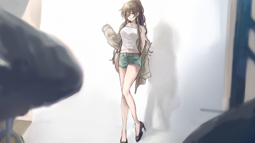 1girl arm_behind_back bare_shoulders black_footwear black_hair black_umbrella blurry blurry_foreground breasts brown_jacket denim denim_shorts full_body hair_between_eyes hand_up high_heels high_ponytail highres idolmaster idolmaster_shiny_colors indoors jacket jewelry large_breasts leg_up long_hair long_sleeves looking_at_another looking_at_viewer navel necklace off_shoulder open_mouth paddy_field ponytail shadow shirase_sakuya shirt shorts single_bare_shoulder sleeves_past_fingers sleeves_past_wrists solo standing standing_on_one_leg umbrella white_shirt yellow_eyes