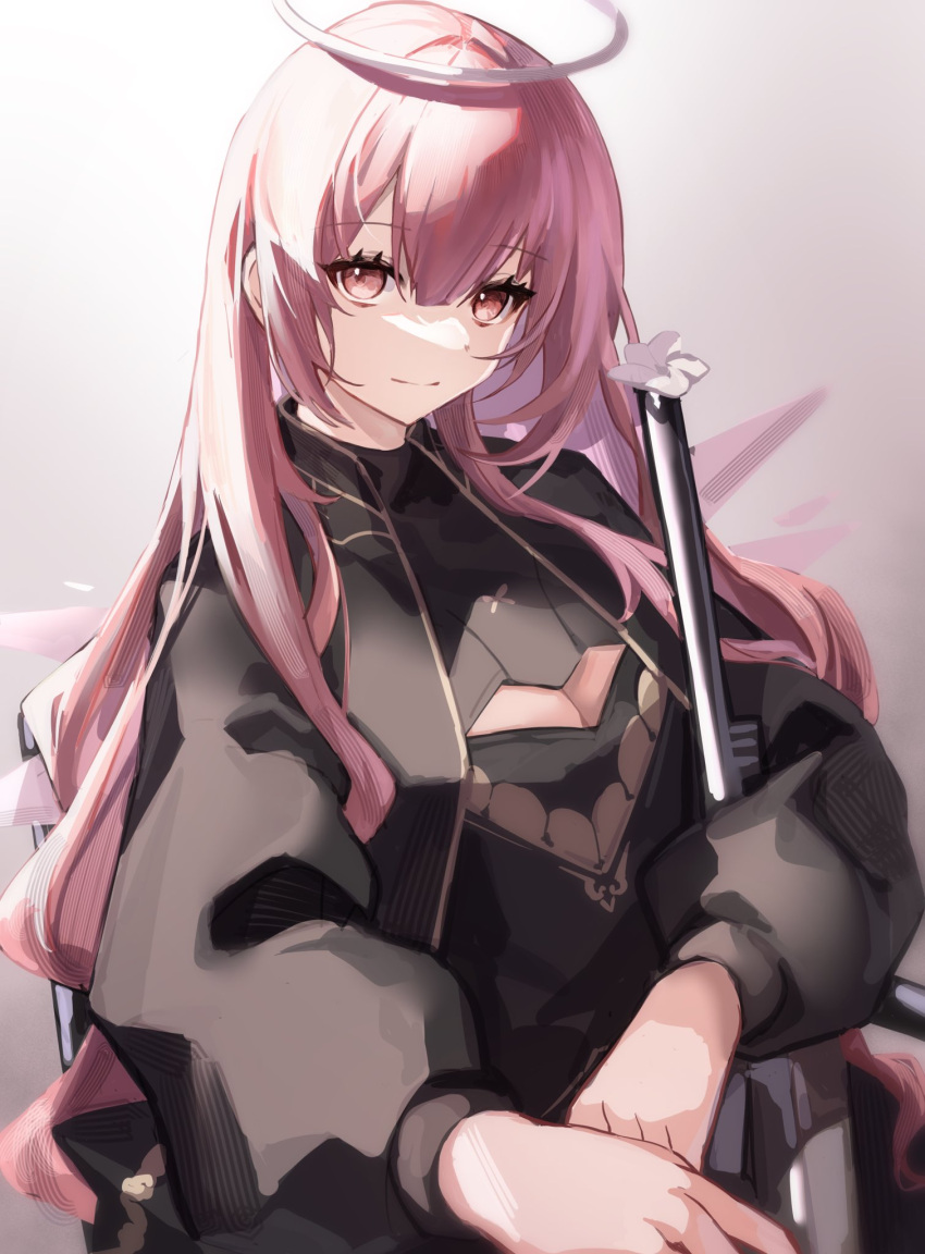 1girl arknights black_dress black_jacket breasts cleavage cleavage_cutout closed_mouth clothing_cutout commentary_request dress goma_74umai hair_between_eyes halo highres jacket lemuen_(arknights) long_hair long_sleeves looking_at_viewer medium_breasts open_clothes open_jacket pink_hair puffy_long_sleeves puffy_sleeves red_eyes sitting smile solo very_long_hair