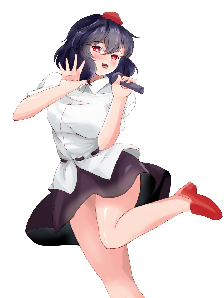 1girl absurdres black_hair black_skirt blush ginari highres looking_at_viewer microphone open_hand open_mouth red_eyes red_footwear shameimaru_aya shiny_skin shirt skirt solo tengu thighs touhou white_background white_shirt