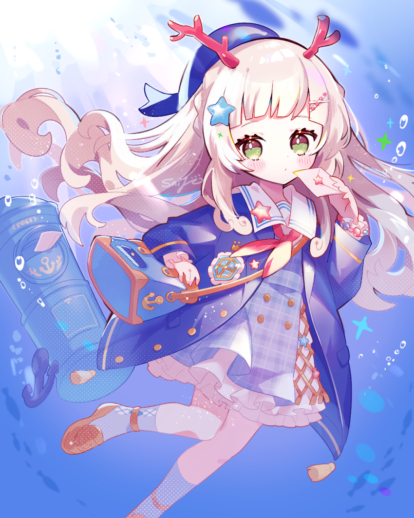 1girl bag dragon_horns dress full_body green_eyes hair_ornament hat highres horns light_brown_hair mail multicolored_eyes ocean original postbox_(outgoing_mail) saijo1201 sailor_collar sailor_dress sailor_hat shoulder_bag star_(symbol) star_hair_ornament underwear