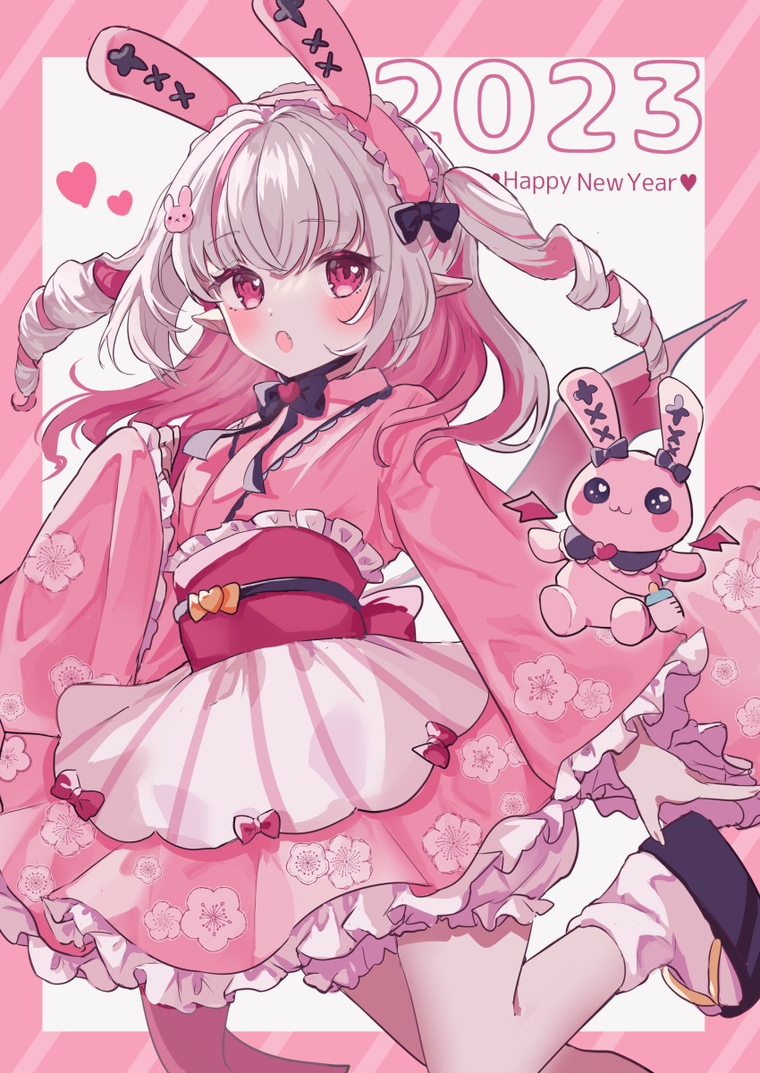 1girl 2023 :o absurdres animal_ears bloomers blush bow bowtie chinese_zodiac colored_inner_hair commentary drill_hair fake_animal_ears fang floral_print foot_out_of_frame frilled_kimono frills grey_hair hair_ornament happy_new_year highres japanese_clothes karunabaru kimono kimono_skirt leg_up lolita_fashion long_hair looking_at_viewer makaino_ririmu multicolored_hair nijisanji obi okobo open_mouth pink_eyes pink_hair pink_kimono pointy_ears rabbit_ears rabbit_hair_ornament sandals sash socks solo streaked_hair stuffed_animal stuffed_bunny stuffed_toy symbol-only_commentary tabi two-tone_hair two_side_up underwear virtual_youtuber wa_lolita white_bloomers white_socks year_of_the_rabbit