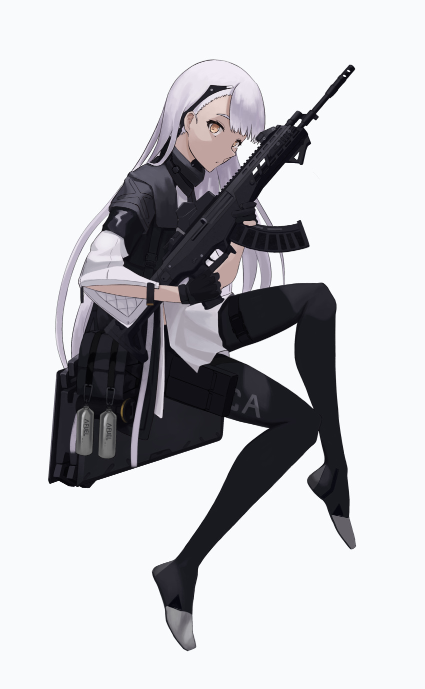 1girl absurdres ak-alfa ak-alfa_(girls'_frontline) bag bangs black_cape black_gloves black_pantyhose cape girls'_frontline gloves gun hair_ornament highres holding holding_gun holding_weapon long_hair looking_at_viewer open_mouth pantyhose shirt shoulder_bag simple_background spitzernt suitcase thigh_pouch trigger_discipline very_long_hair weapon white_background white_hair white_shirt yellow_eyes