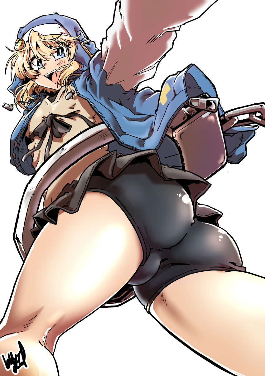 1boy absurdres androgyne_symbol ass ass_focus bike_shorts bike_shorts_under_skirt black_ribbon blonde_hair blue_eyes bridget_(guilty_gear) bright_pupils bulge edkuroki from_below guilty_gear guilty_gear_strive habit highres hood hood_up hooded_jacket hoodie jacket long_sleeves open_clothes open_hoodie open_mouth otoko_no_ko ribbon sexually_suggestive short_hair simple_background smile solo white_background white_pupils white_sleeves