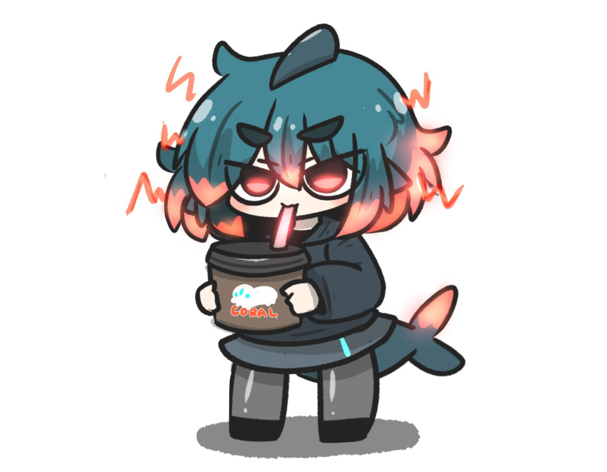 1girl black_footwear black_hoodie blue_hair chibi commentary_request cup disposable_cup drinking drinking_straw fins fish_tail fuka-chan full_body grey_pantyhose grey_skirt highres holding holding_cup hood hood_down hoodie long_sleeves original pantyhose puffy_long_sleeves puffy_sleeves red_eyes red_hair shadow shark_tail shoes short_eyebrows simple_background skirt solo standing tail thick_eyebrows uni_souchou white_background