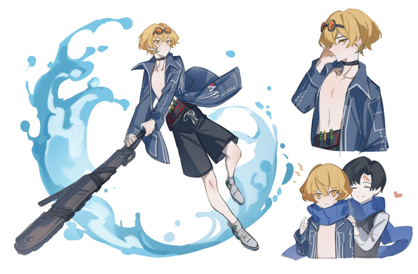 2boys absurdres bishounen black_hair blonde_hair club_(weapon) demian_(project_moon) ebf7l full_body goggles goggles_on_head highres limbus_company male_focus multiple_boys project_moon short_hair shorts topless_male upper_body weapon yellow_eyes